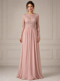 Bateau Long Sleeves Lace Bodice Chiffon Skirt A-line Evening Dress