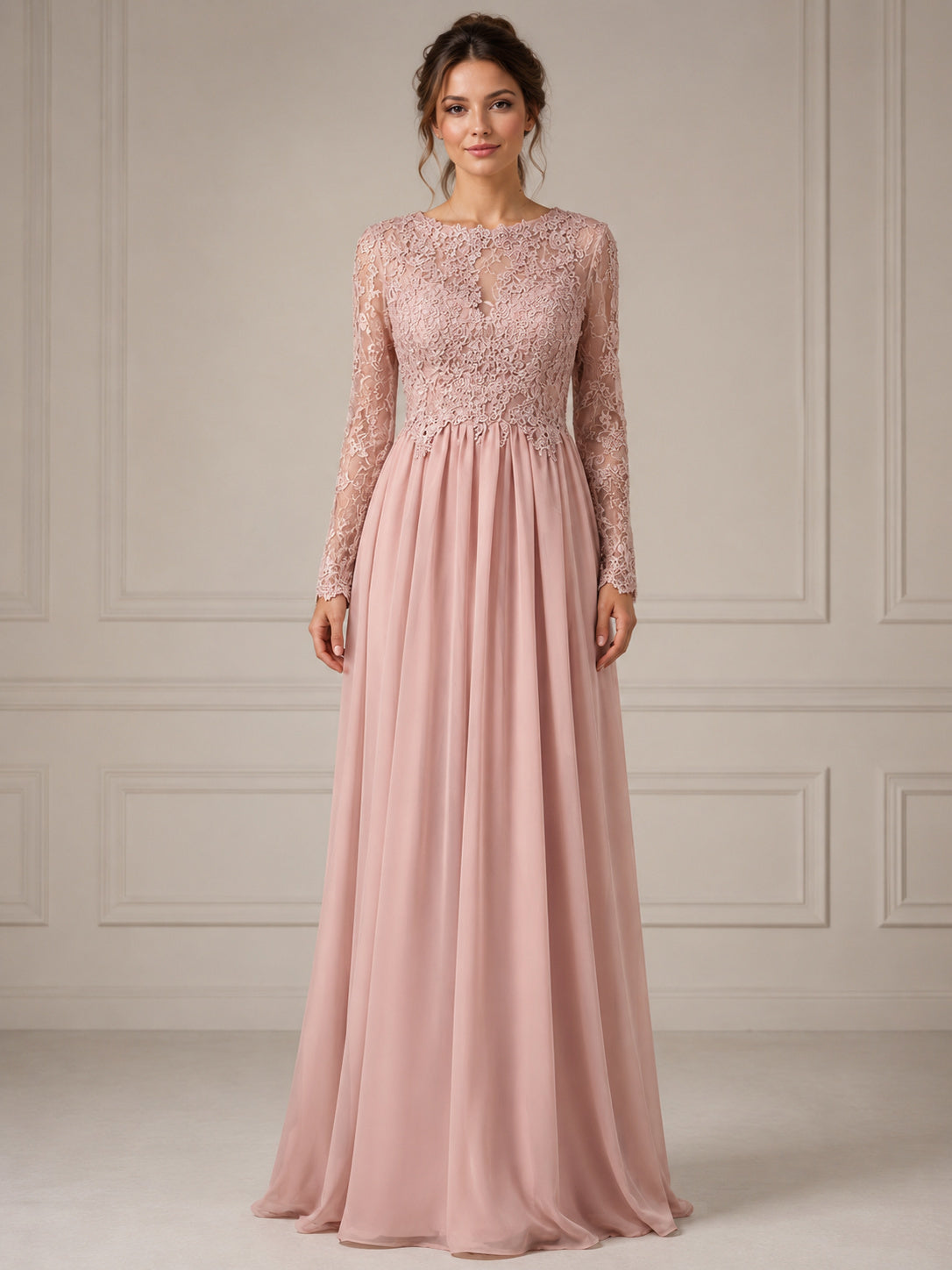Bateau Long Sleeves Lace Bodice Chiffon Skirt A-line Evening Dress