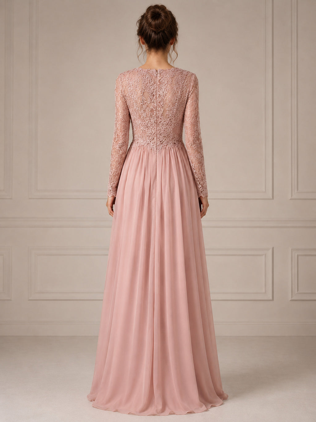 Bateau Long Sleeves Lace Bodice Chiffon Skirt A-line Evening Dress