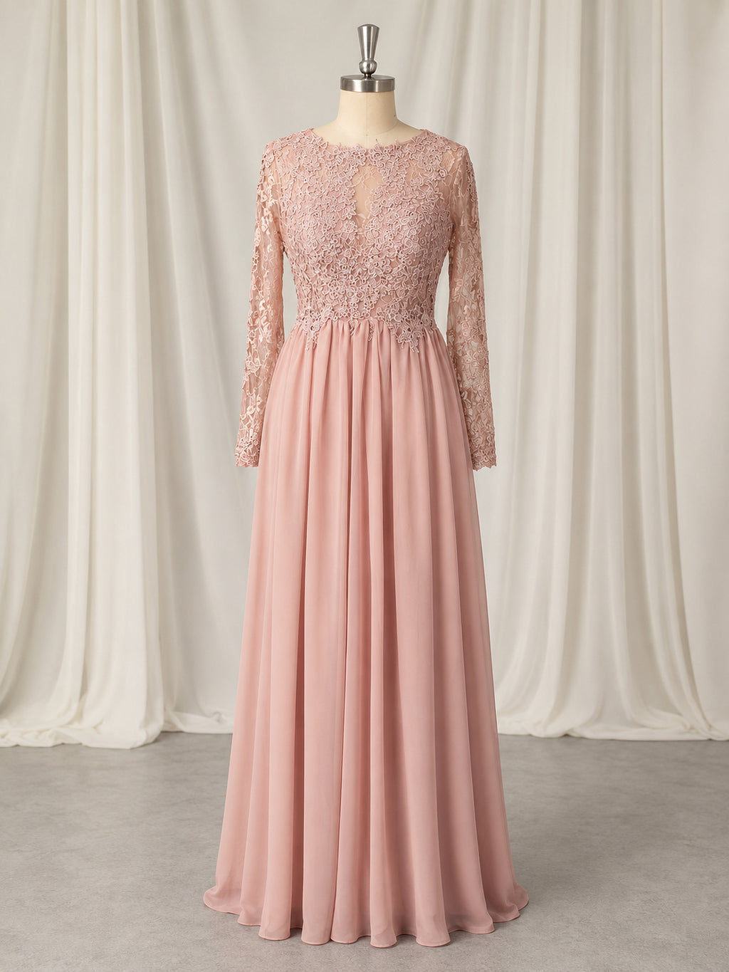 Bateau Long Sleeves Lace Bodice Chiffon Skirt A-line Evening Dress