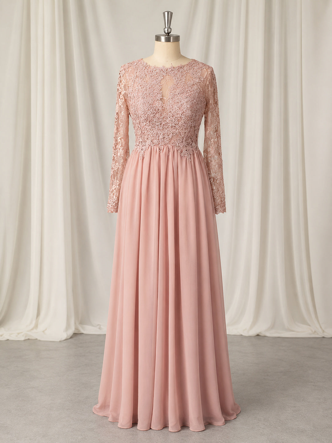 Bateau Long Sleeves Lace Bodice Chiffon Skirt A-line Evening Dress