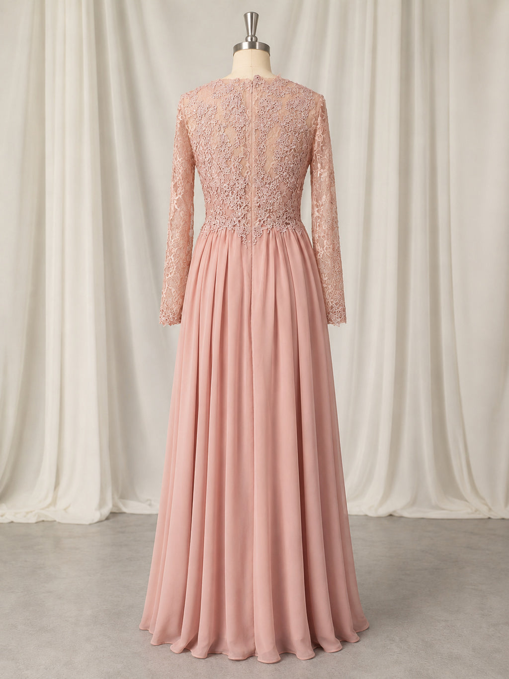 Bateau Long Sleeves Lace Bodice Chiffon Skirt A-line Evening Dress