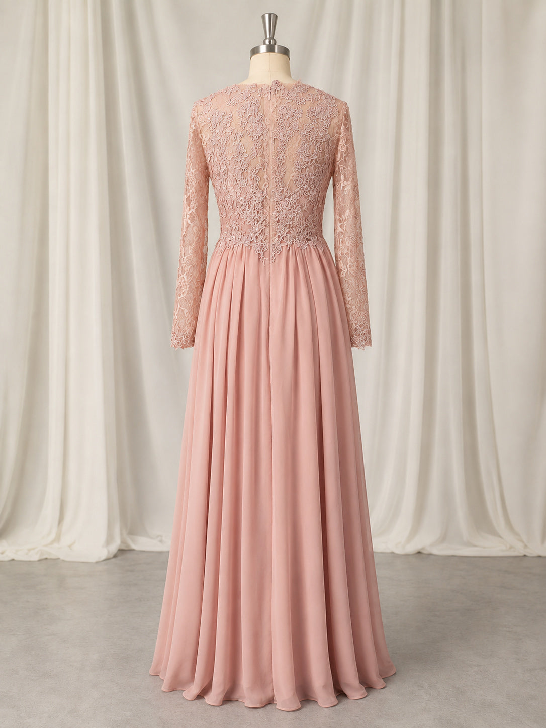 Bateau Long Sleeves Lace Bodice Chiffon Skirt A-line Evening Dress