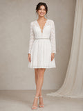 Plunging Neckline Long Sleeves Short A-line Lace Dress