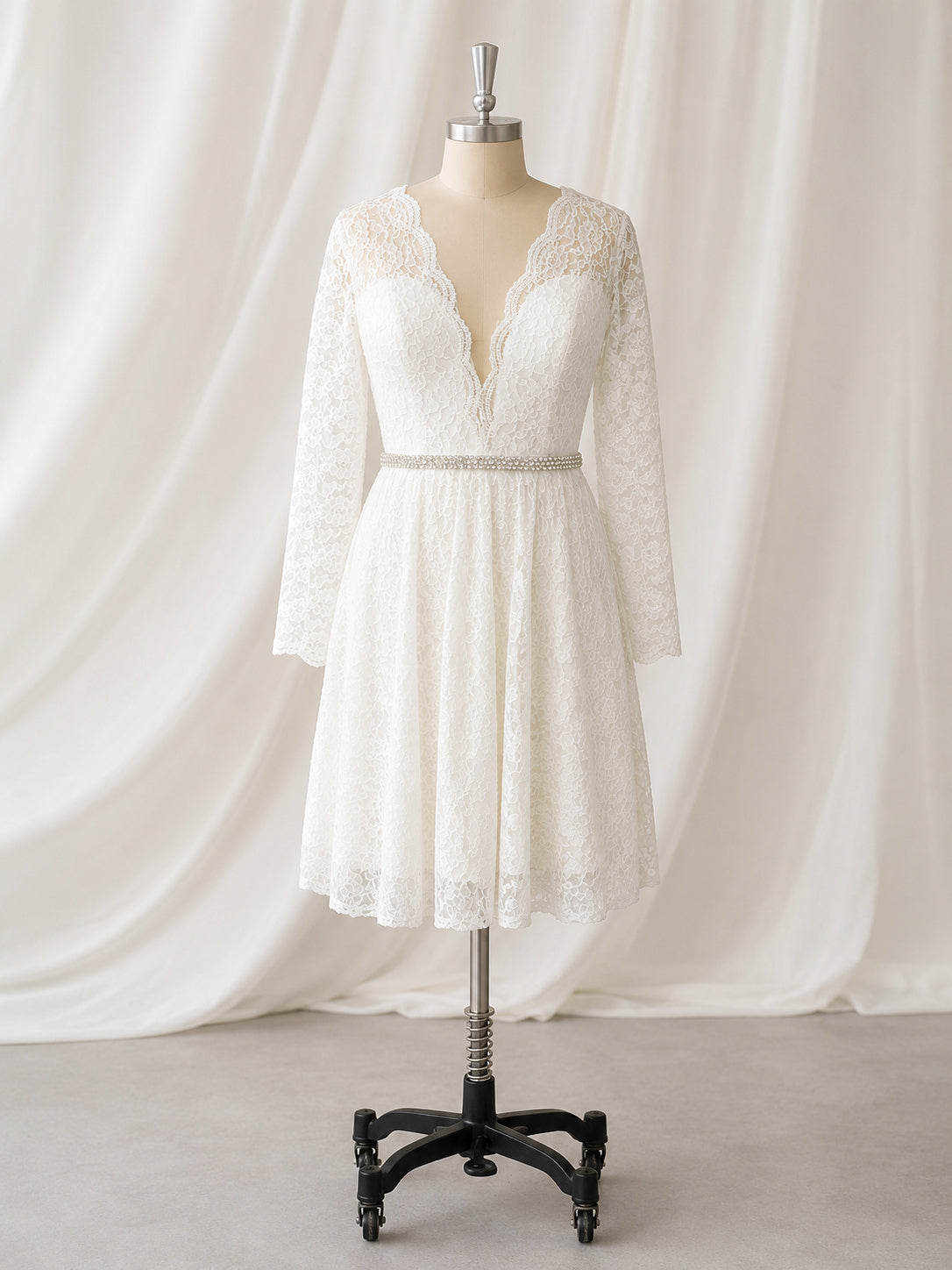 Plunging Neckline Long Sleeves Short A-line Lace Dress