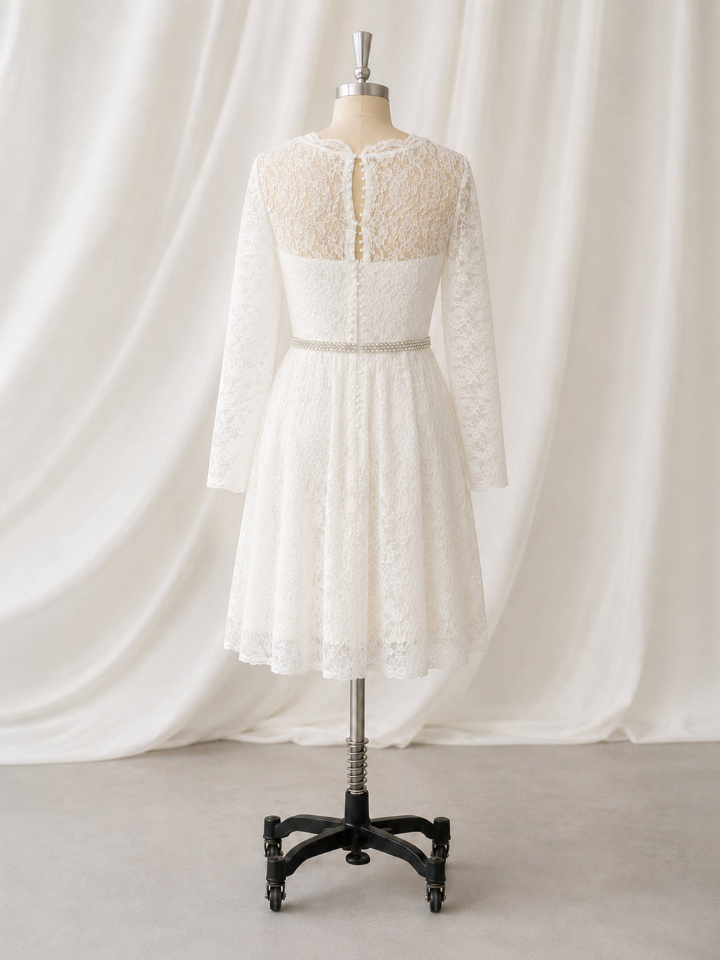 Plunging Neckline Long Sleeves Short A-line Lace Dress