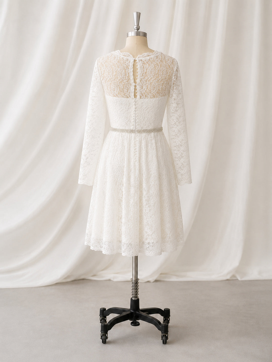 Plunging Neckline Long Sleeves Short A-line Lace Dress