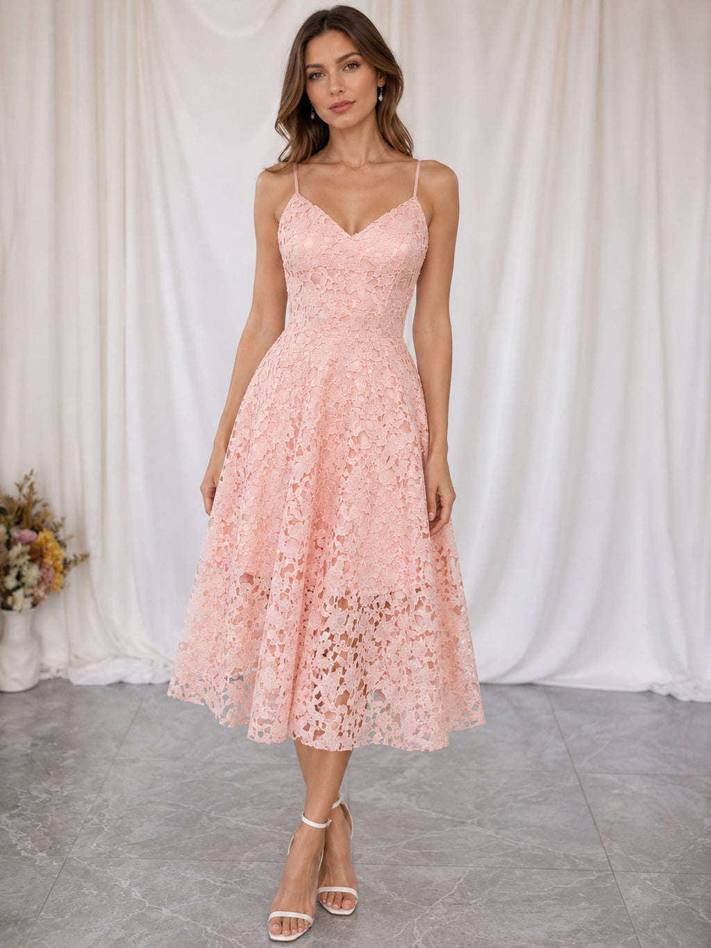 Lace V-neck Spaghetti Straps A-line Tea Length Prom Dress