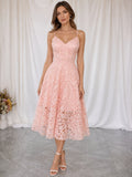 Lace V-neck Spaghetti Straps A-line Tea Length Prom Dress