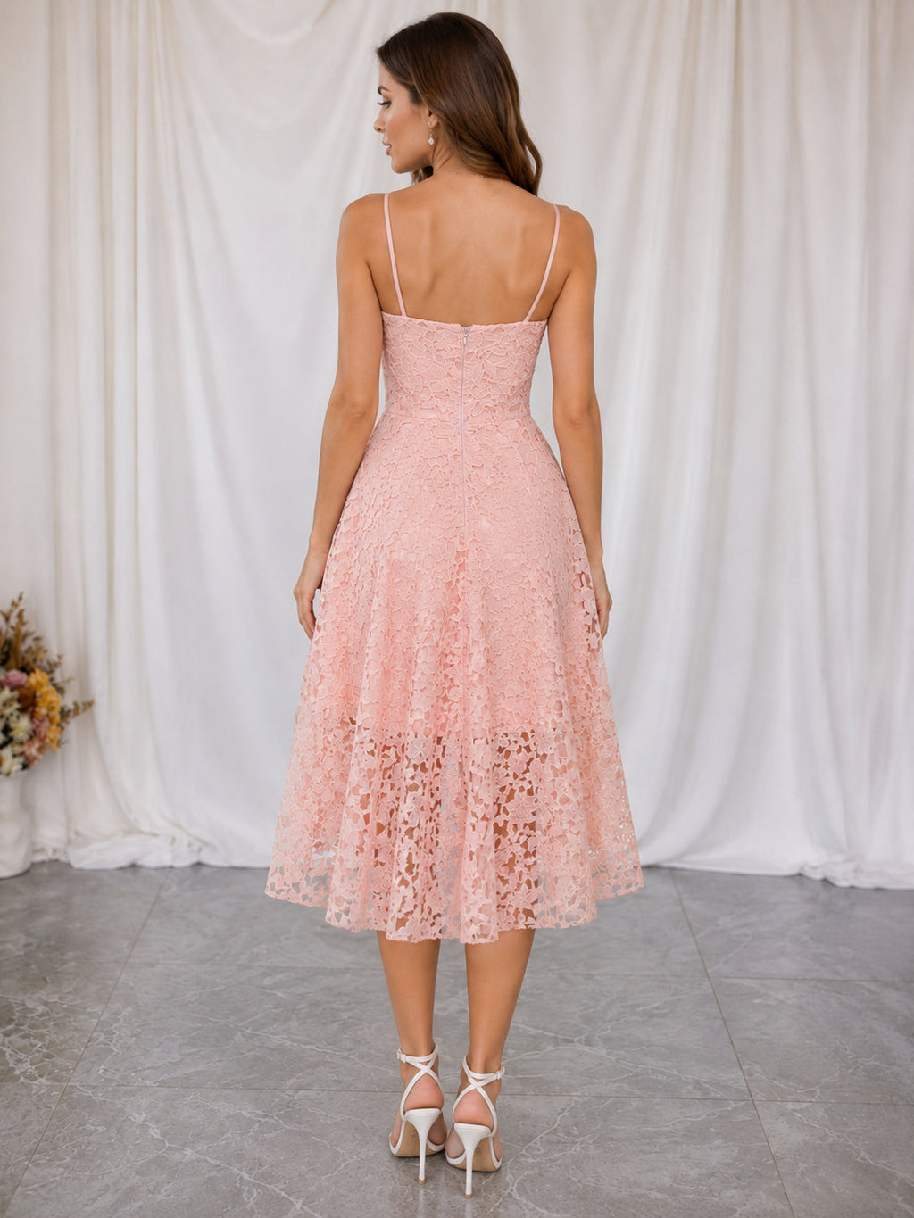 Lace V-neck Spaghetti Straps A-line Tea Length Prom Dress