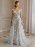 Illusion Neckline Cap Sleeves Sheath Lace Evening Dress with Tulle Outer Skirt
