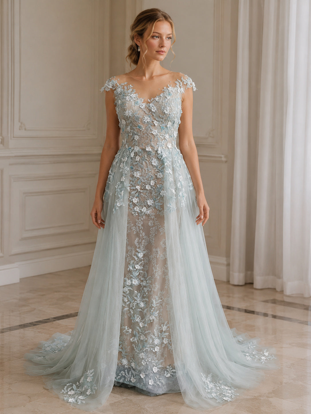 Illusion Neckline Cap Sleeves Sheath Lace Evening Dress with Tulle Outer Skirt