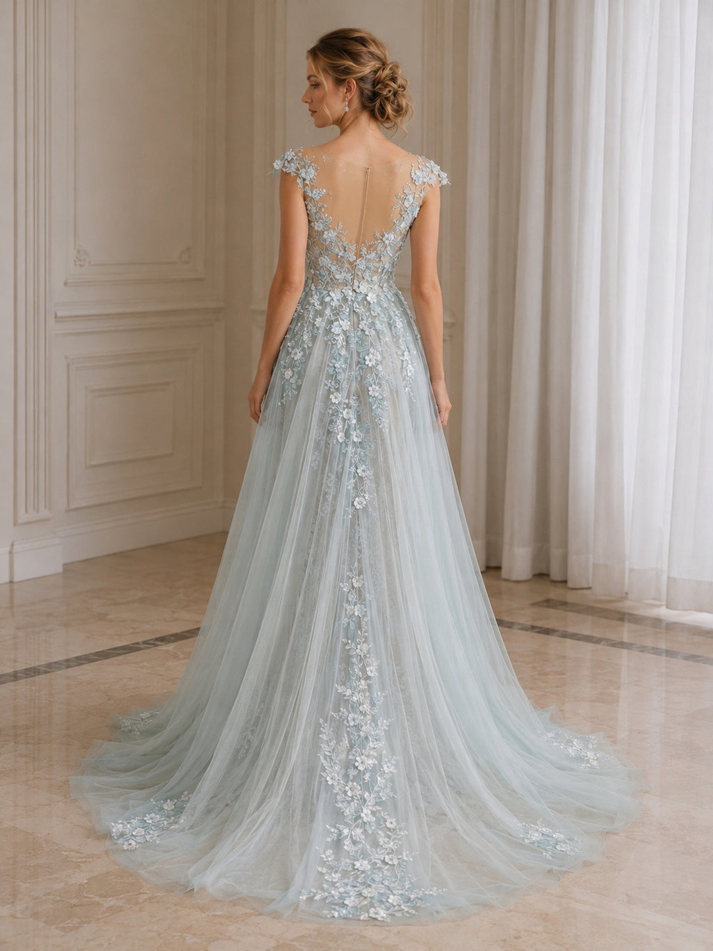 Illusion Neckline Cap Sleeves Sheath Lace Evening Dress with Tulle Outer Skirt