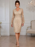 V-neck Long Sleeves Sheath Knee Length Lace Mother of the Bride Dress