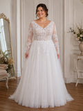 Long Sleeves V-neck Lace Bodice Tulle Skirt A-line Evening Dress