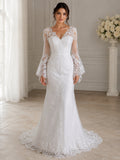 Long Bell Sleeves V-neck Sheath Lace Evening Dress