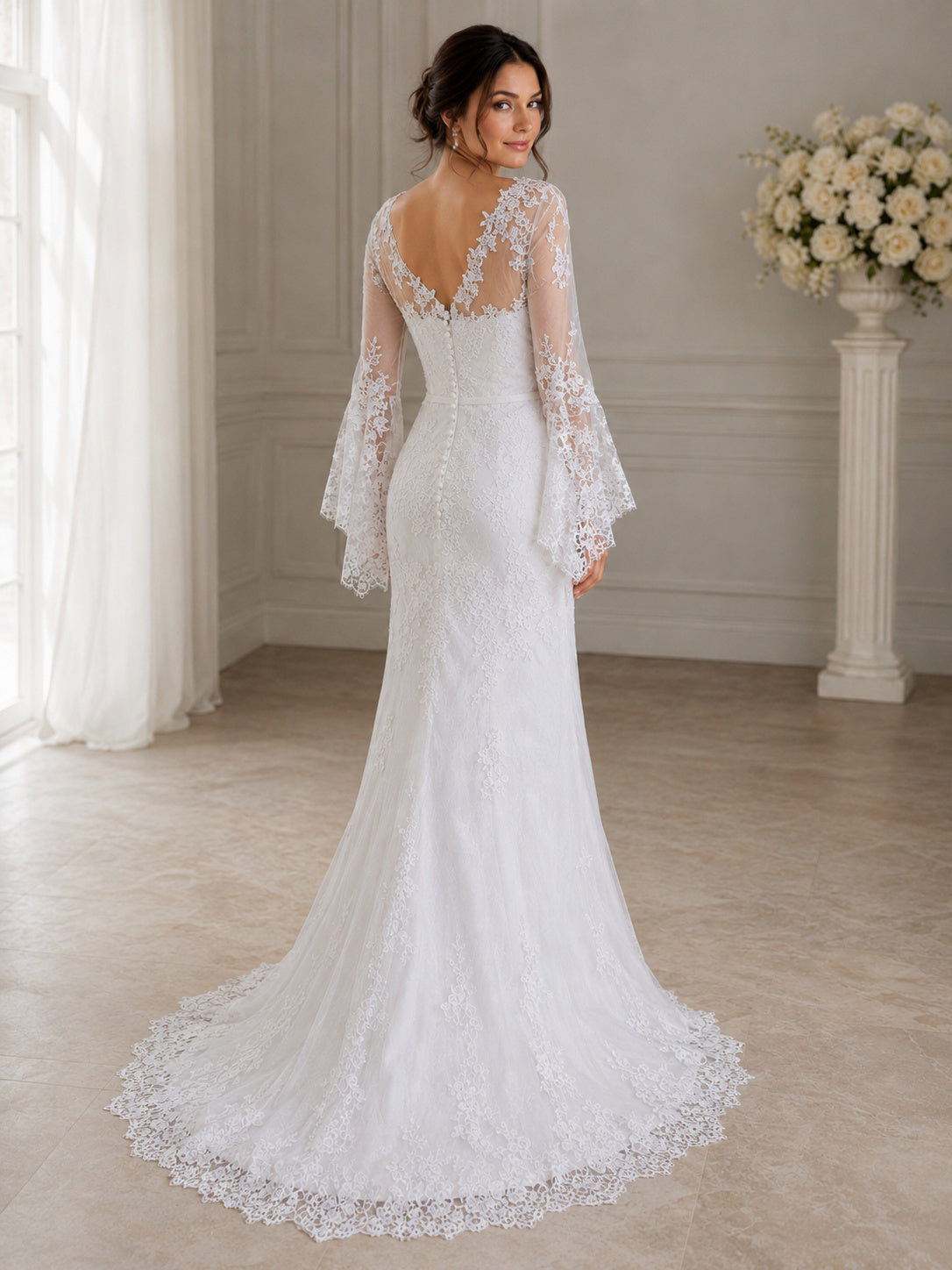 Long Bell Sleeves V-neck Sheath Lace Evening Dress