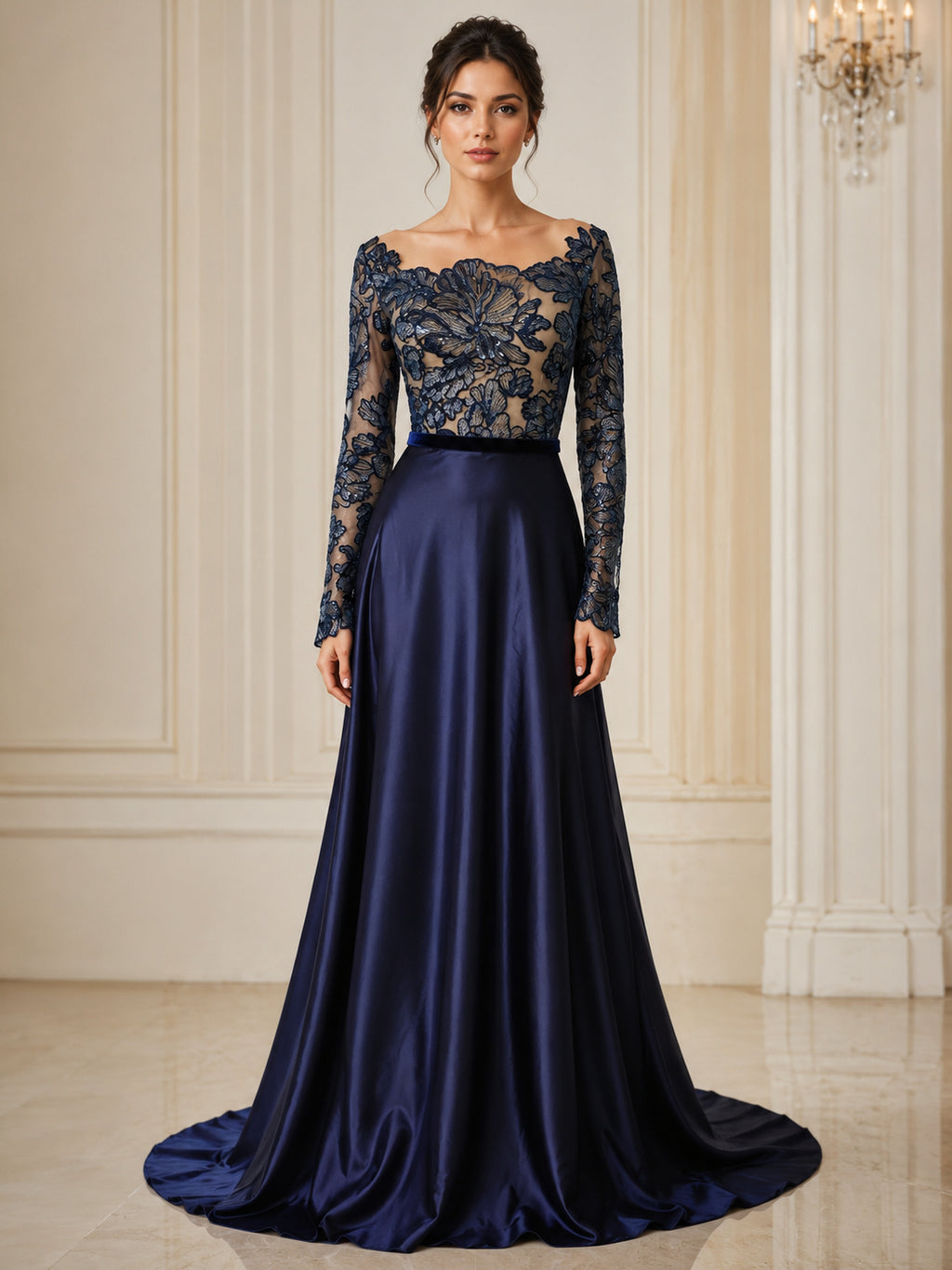 Illusion Neckline Long Sleeves Lace Bodice and Satin Skirt A-line Evening Dress