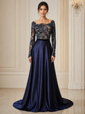 Illusion Neckline Long Sleeves Lace Bodice and Satin Skirt A-line Evening Dress