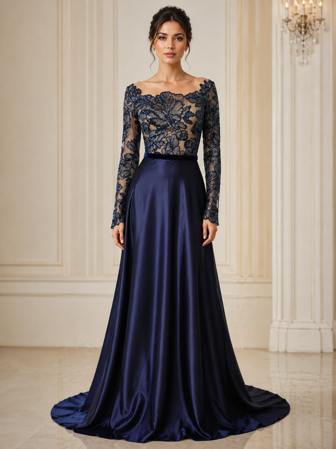 Illusion Neckline Long Sleeves Lace Bodice and Satin Skirt A-line Evening Dress