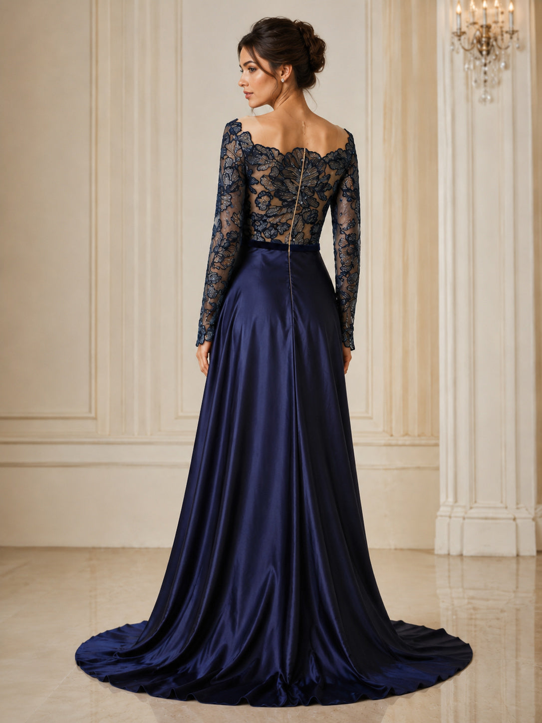 Illusion Neckline Long Sleeves Lace Bodice and Satin Skirt A-line Evening Dress