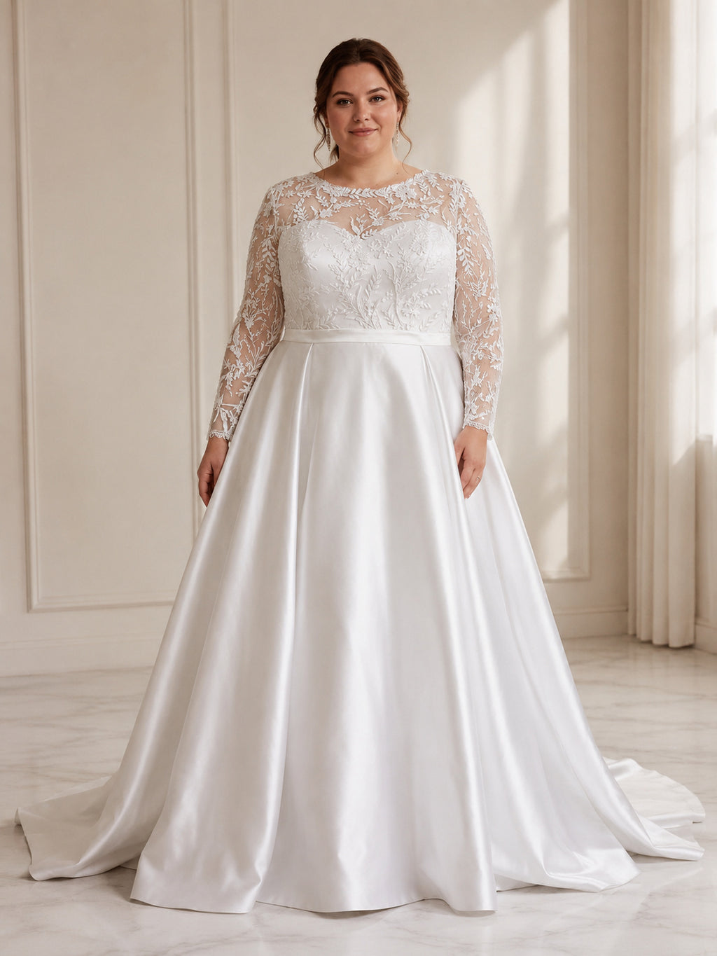 Jewel Neckline Long Sleeves Lace Bodice Satin Skirt A-line Evening Dress