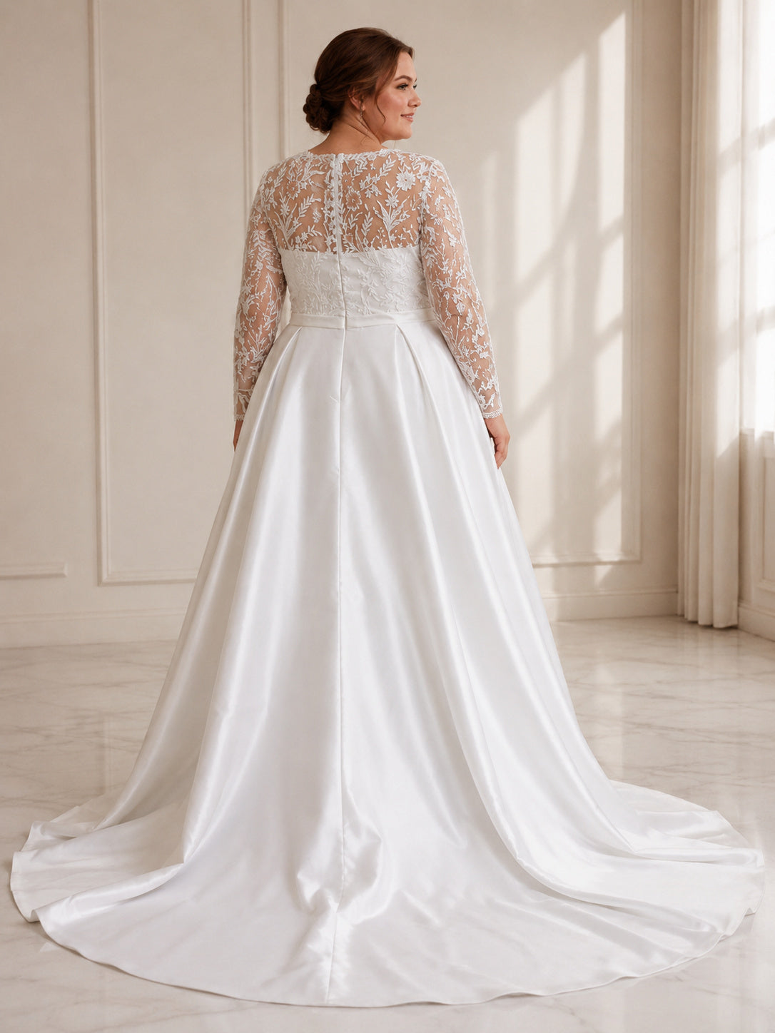 Jewel Neckline Long Sleeves Lace Bodice Satin Skirt A-line Evening Dress