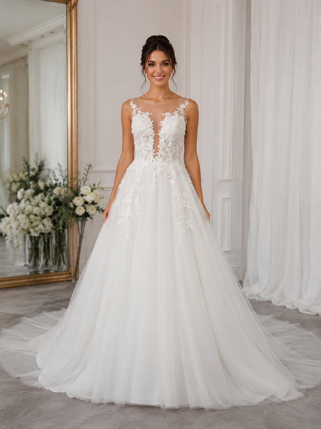 Illusion Neckline Sleeveless Lace Bodice Tulle Skirt A-line Prom Dress