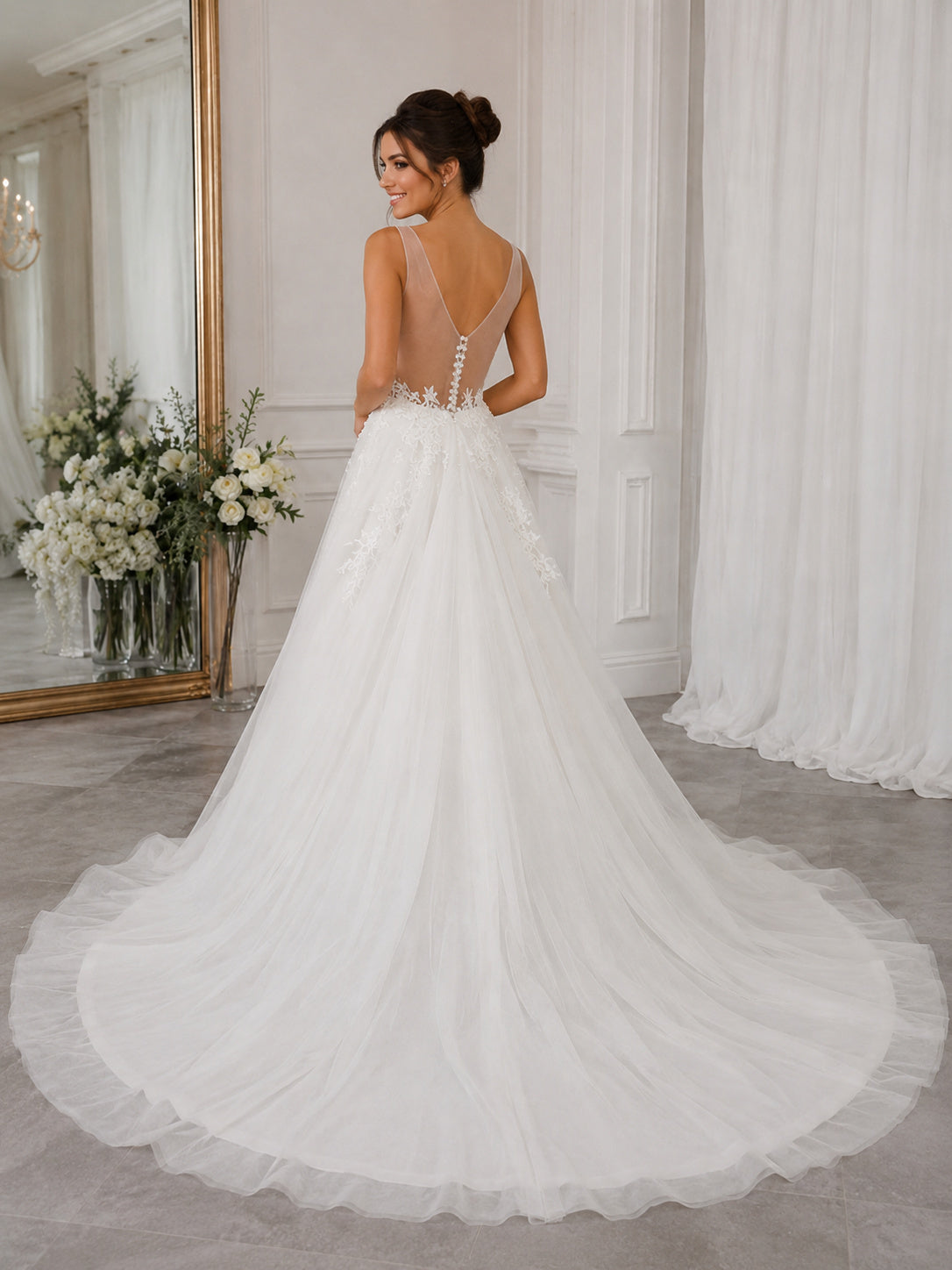 Illusion Neckline Sleeveless Lace Bodice Tulle Skirt A-line Prom Dress
