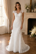 Cap Sleeves V-neck Lace Mermaid Wedding Dress with Tiered Fish Tail