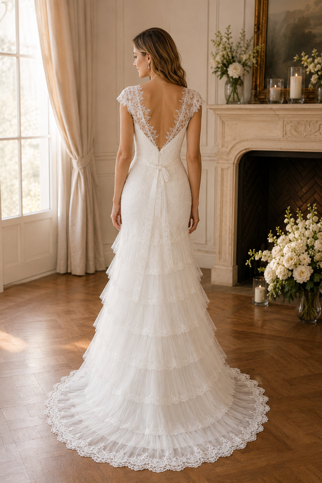 Cap Sleeves V-neck Lace Mermaid Wedding Dress with Tiered Fish Tail