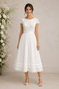 Tea Length Short Sleeves Scoop Neck Lace and Organza A-line Wedding Dress
