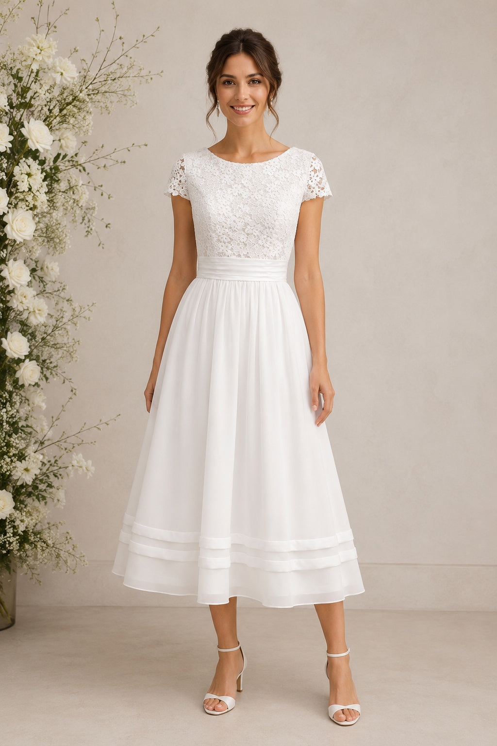 Tea Length Short Sleeves Scoop Neck Lace and Organza A-line Wedding Dress