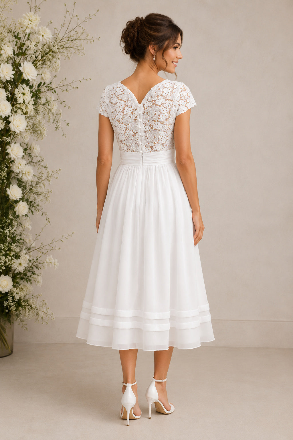 Tea Length Short Sleeves Scoop Neck Lace and Organza A-line Wedding Dress