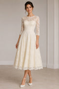 Tea Length 3/4 Sleeves A-line Lace Wedding Dress