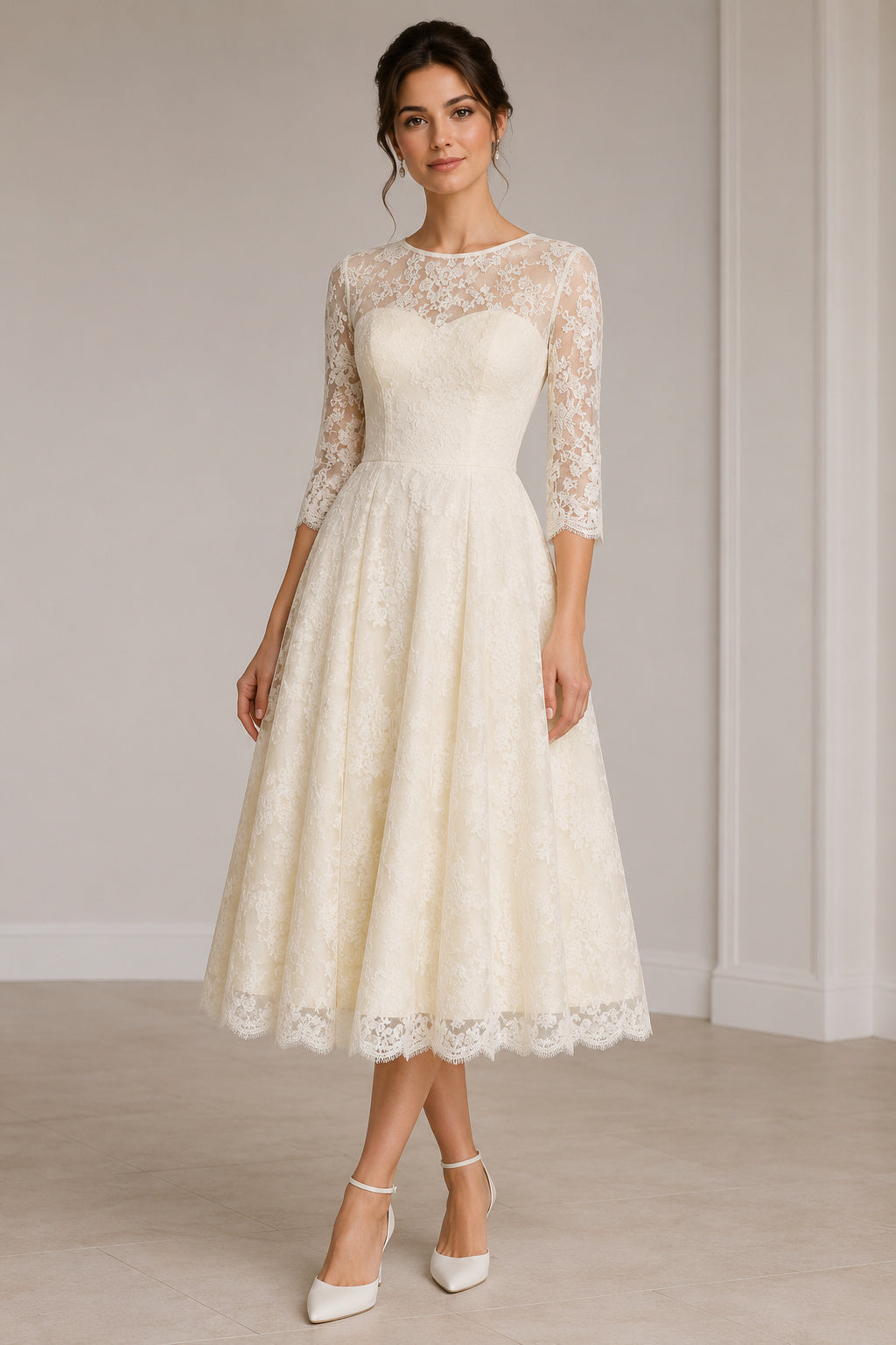 Tea Length 3/4 Sleeves A-line Lace Wedding Dress
