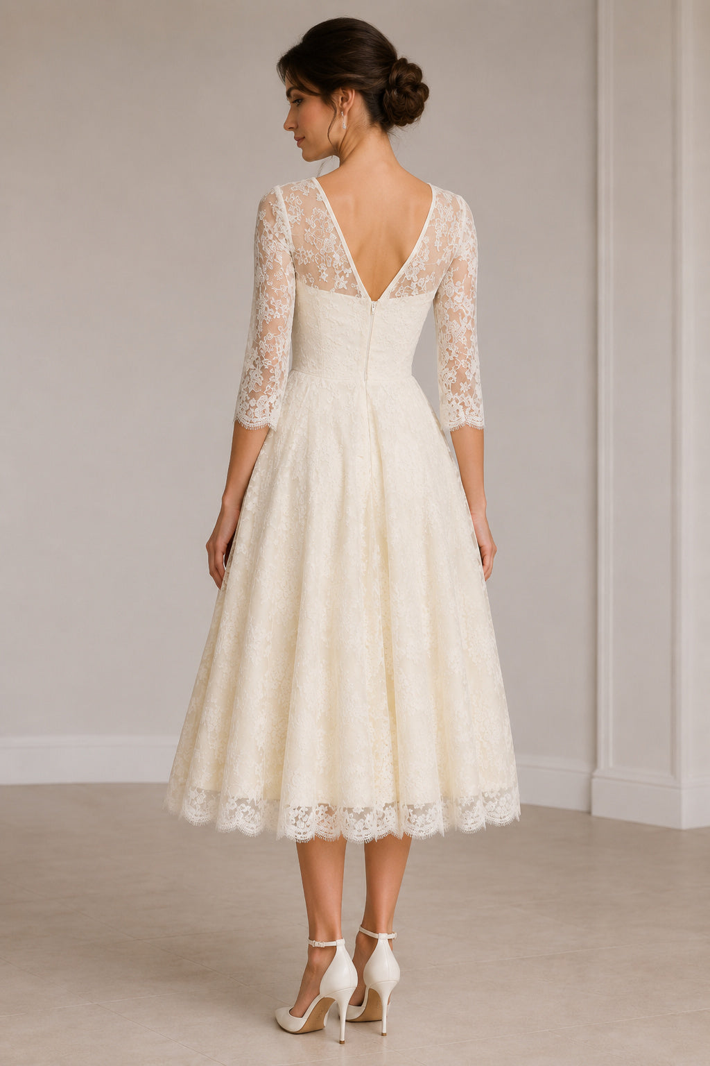 Tea Length 3/4 Sleeves A-line Lace Wedding Dress