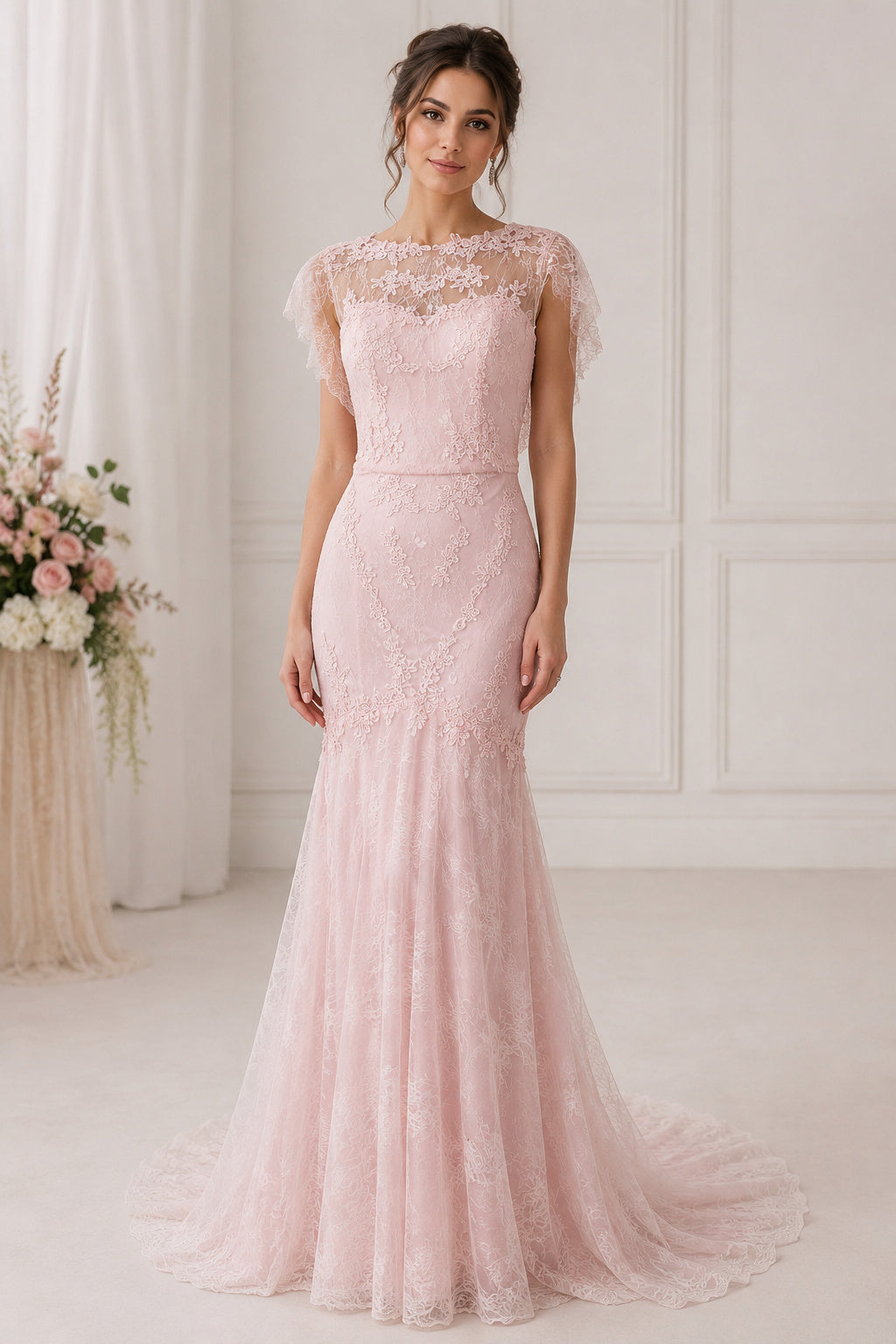 Flutter Sleeves Bateau Neckline Fit-and-Flare Lace Bridal Gown