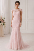 Flutter Sleeves Bateau Neckline Fit-and-Flare Lace Bridal Gown