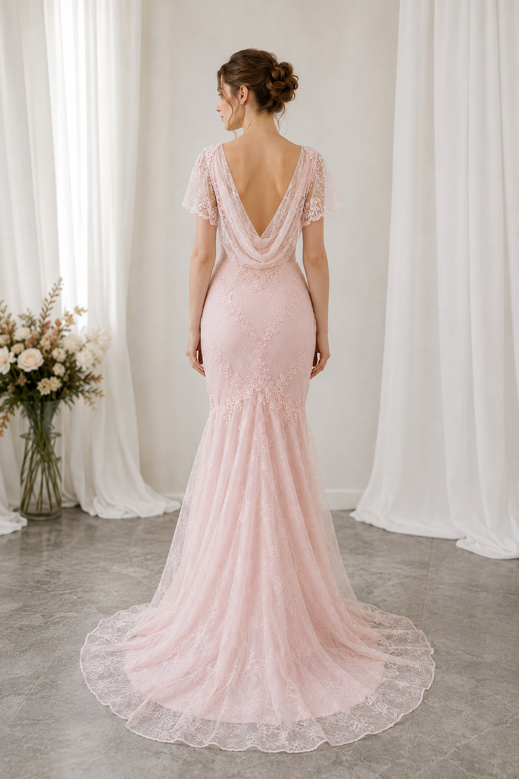 Flutter Sleeves Bateau Neckline Fit-and-Flare Lace Bridal Gown