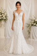 Mermaid Short Sleeves V-neck Lace Bridal Gown