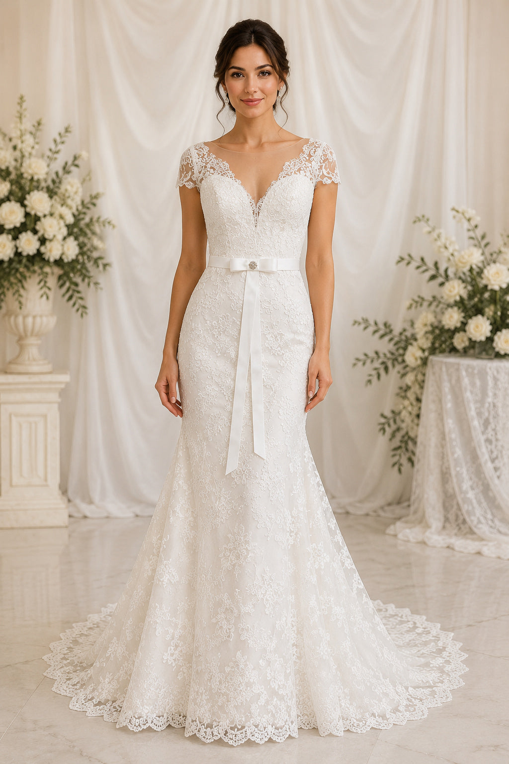Mermaid Short Sleeves V-neck Lace Bridal Gown
