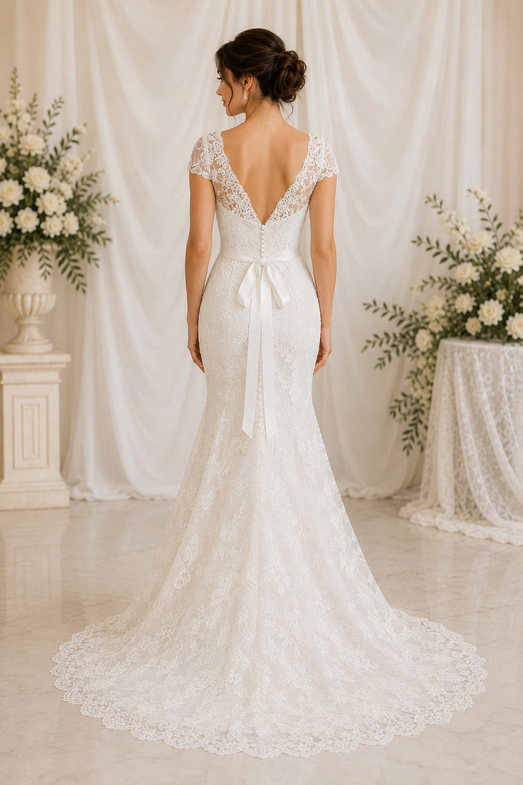 Mermaid Short Sleeves V-neck Lace Bridal Gown