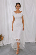High-low Square Neck Short Sleeves Lace Sheath Wedding Dress