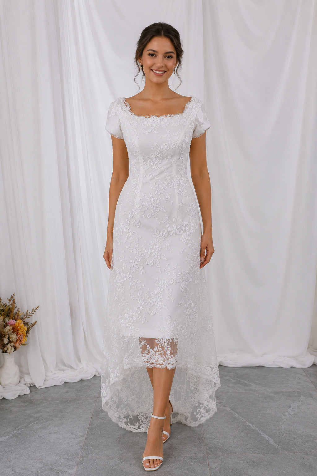 High-low Square Neck Short Sleeves Lace Sheath Wedding Dress