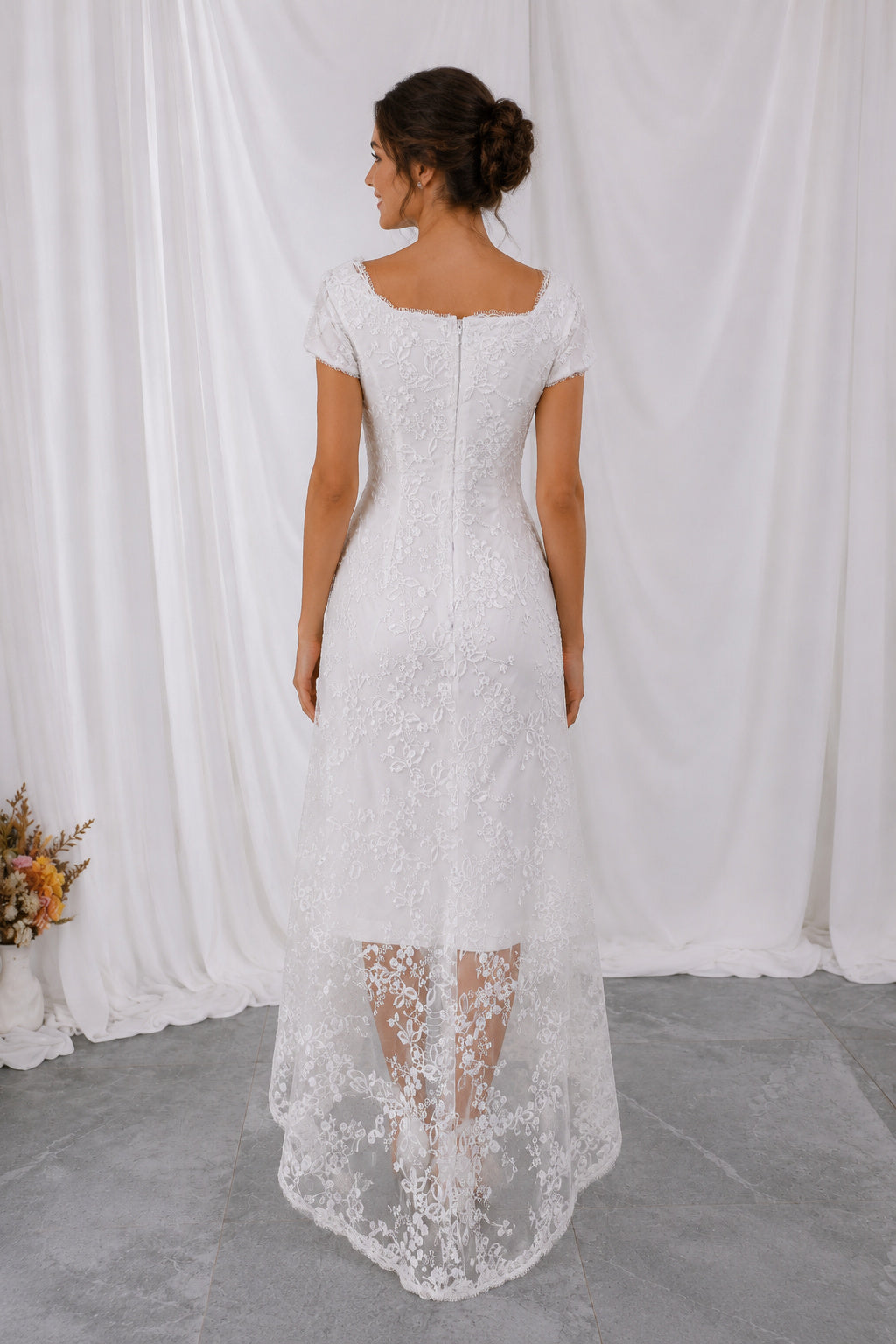 High-low Square Neck Short Sleeves Lace Sheath Wedding Dress