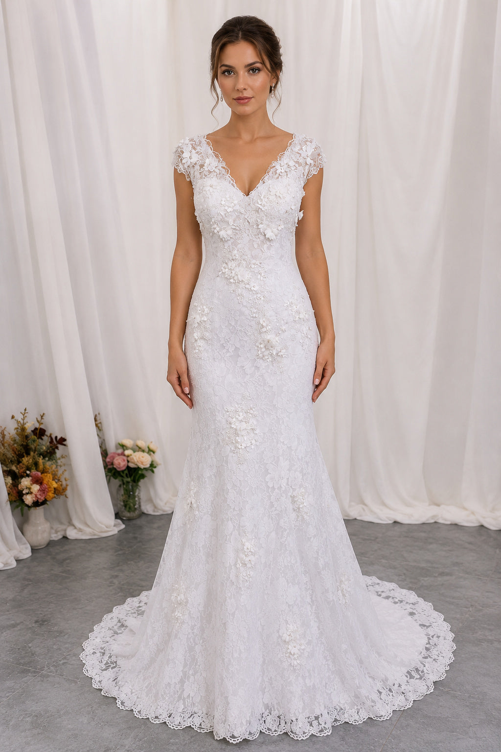 3D Flower Appliques Cap Sleeves Lace Mermaid Bridal Gown