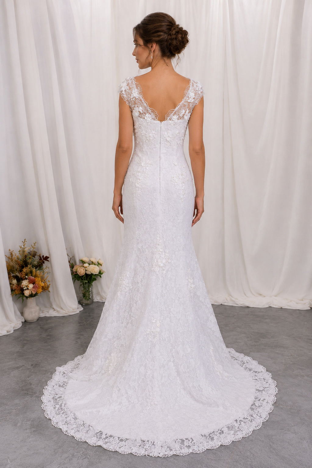 3D Flower Appliques Cap Sleeves Lace Mermaid Bridal Gown