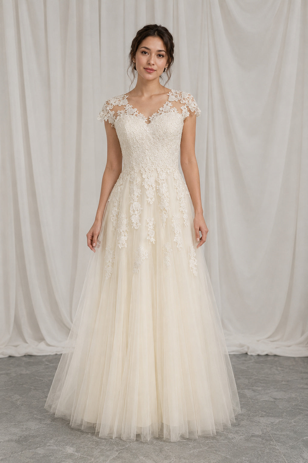 Cap Sleeves V-neck Lace  and Tulle A-line Wedding Dress
