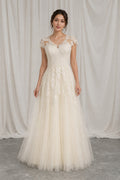 Cap Sleeves V-neck Lace  and Tulle A-line Wedding Dress